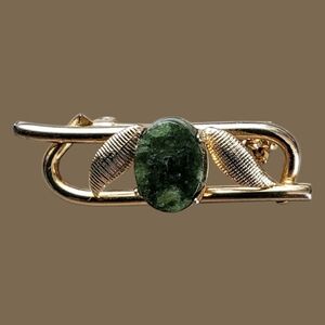 Vintage Ekelund 1/20 12K Gold Folled Jade Cabochon Lesf Brooch Pin